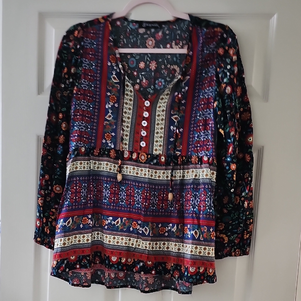 Women's Boho Print Tunic Top in Navy and Red